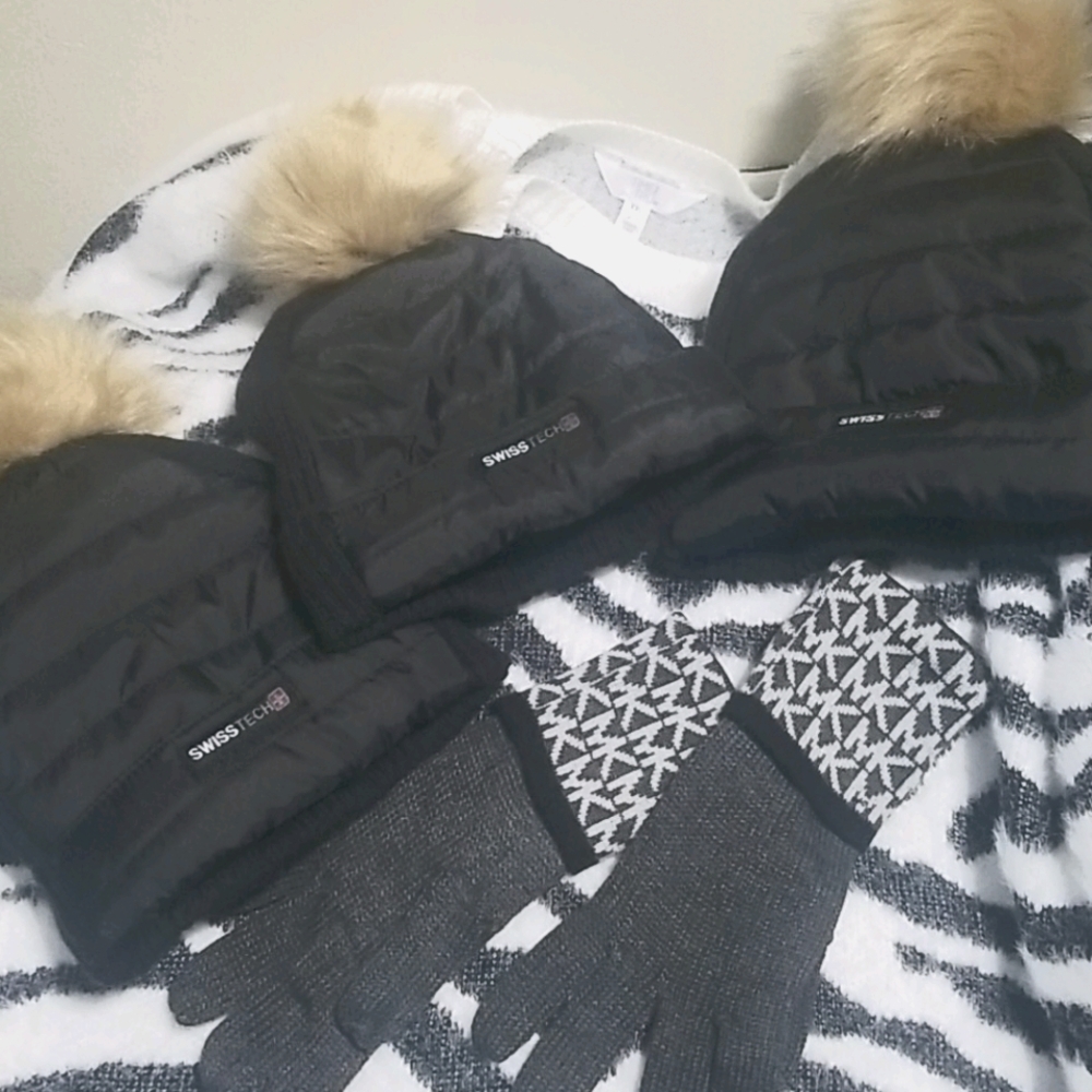 3 SwissTech hats and 1 pair authentic MK gloves